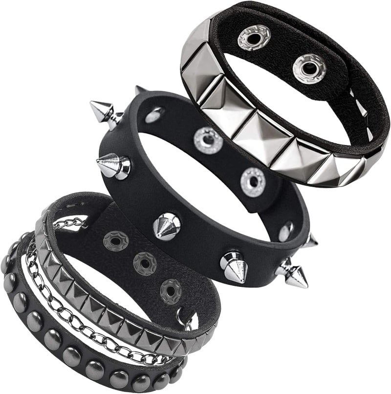 Ulekuke Store 3 Pcs Punk Rock Studded Bracelet Set Spiked Leather Cuff Bracelet for Men Women 80s Wristband Emo Bracelet Adjustable - Image 1